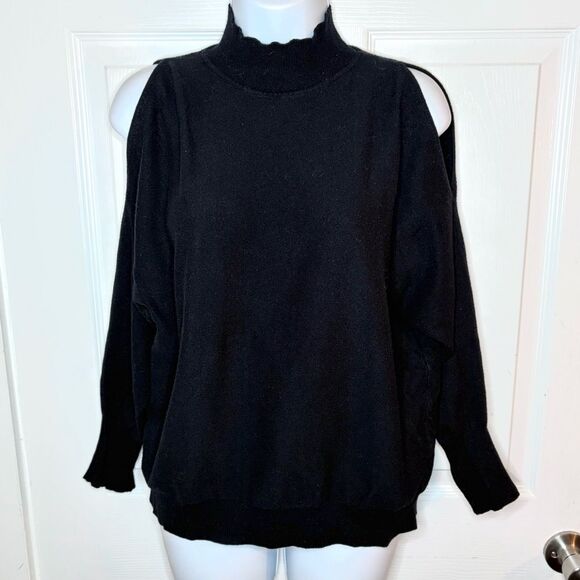 Devotion by Cyrus Dolman Cold Shoulder Black Sweater Mockneck Ribbed Trim M - Picture 5 of 11